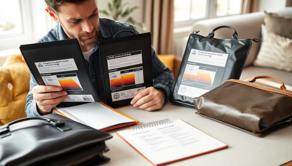 Person evaluating different fireproof bags for documents with comparison chart