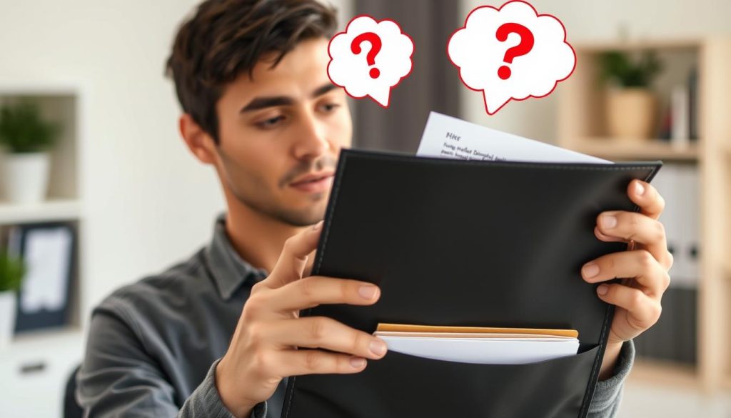Person examining a fireproof bag with question marks overlay