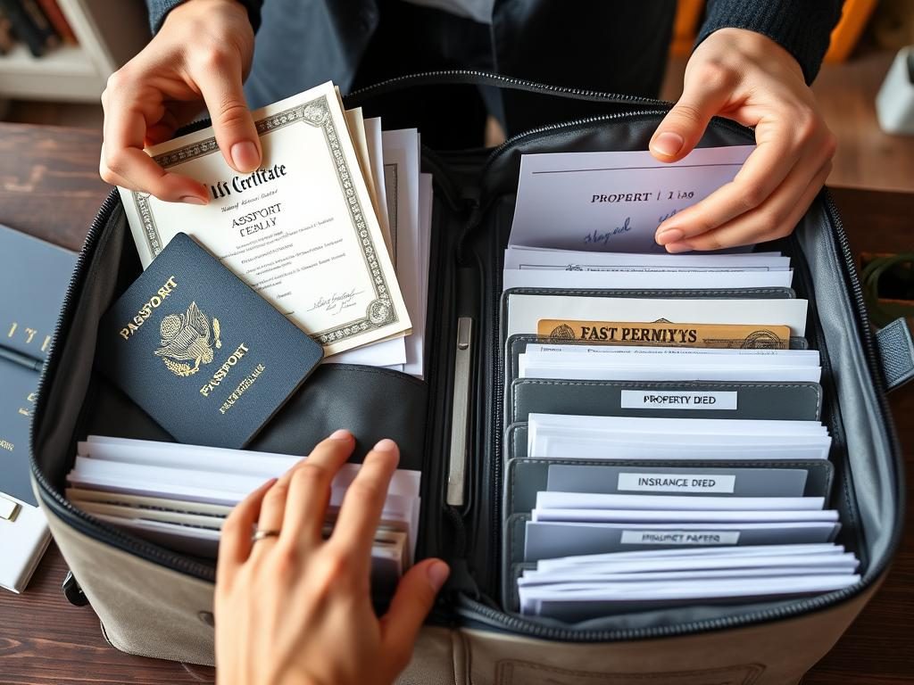 Person organizing documents inside a fireproof bag with multiple compartments