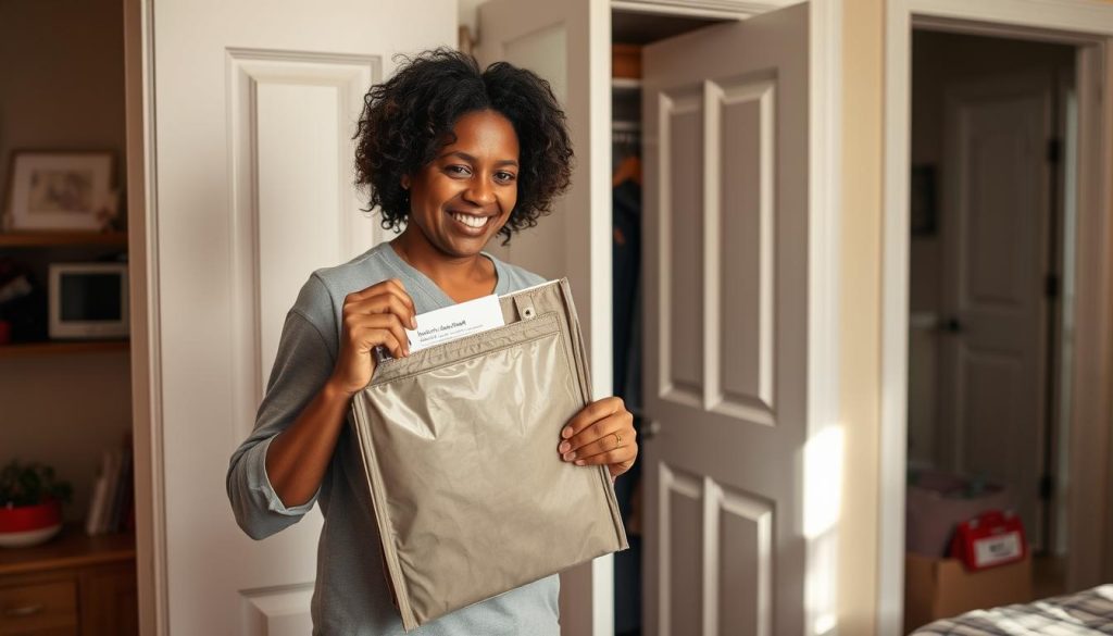 Person placing a fireproof bag in a convenient location at home