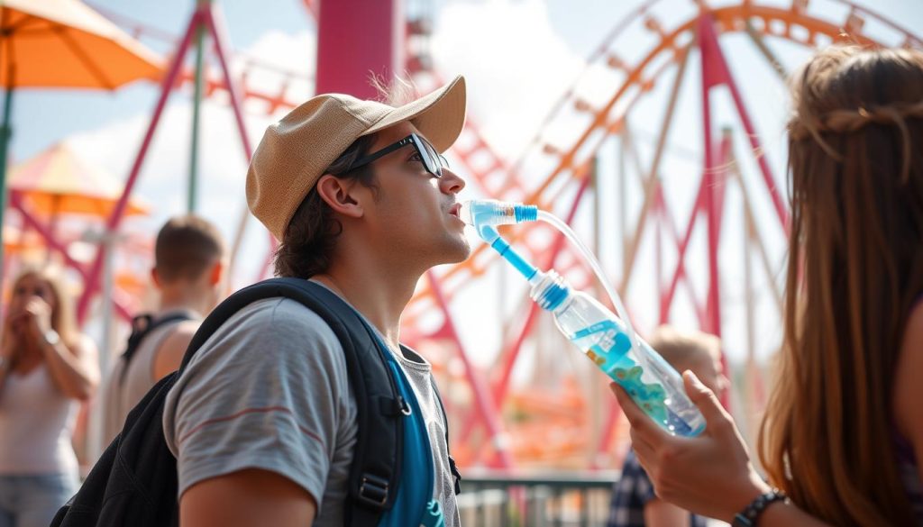 Person using a hydration pack at an amusement park on a hot day