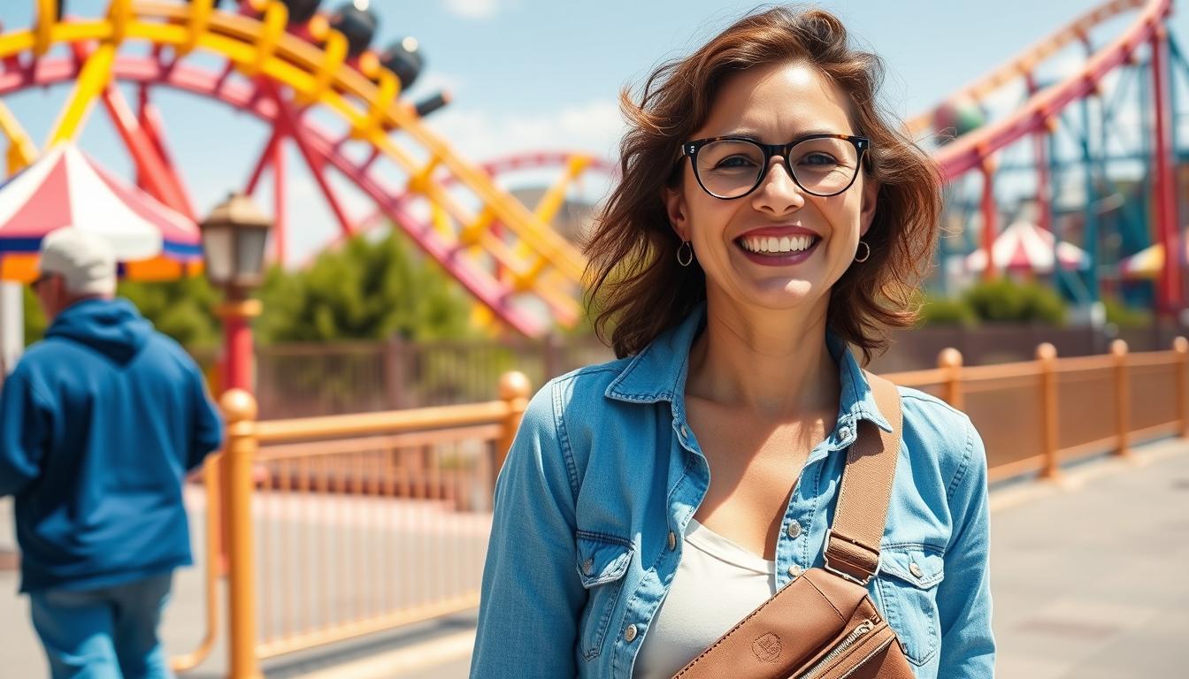 Person wearing the best bag for amusement park while enjoying rides