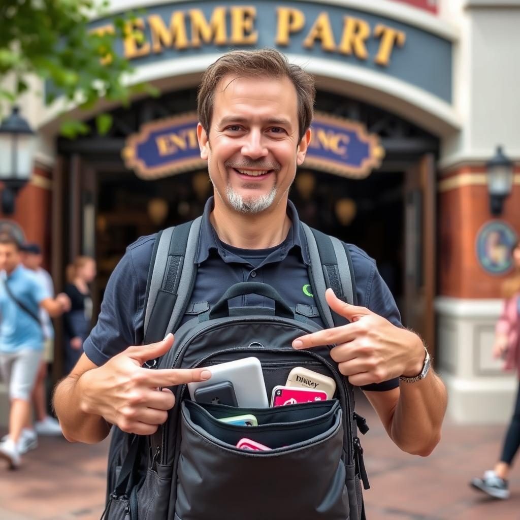 Portrait of a theme park expert with their preferred bag and organization system Portrait of a theme park expert with their preferred bag and organization system