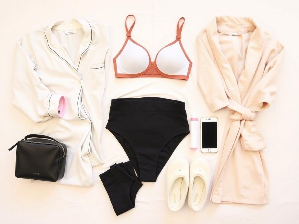 Postpartum recovery essentials including comfortable clothing and self-care items