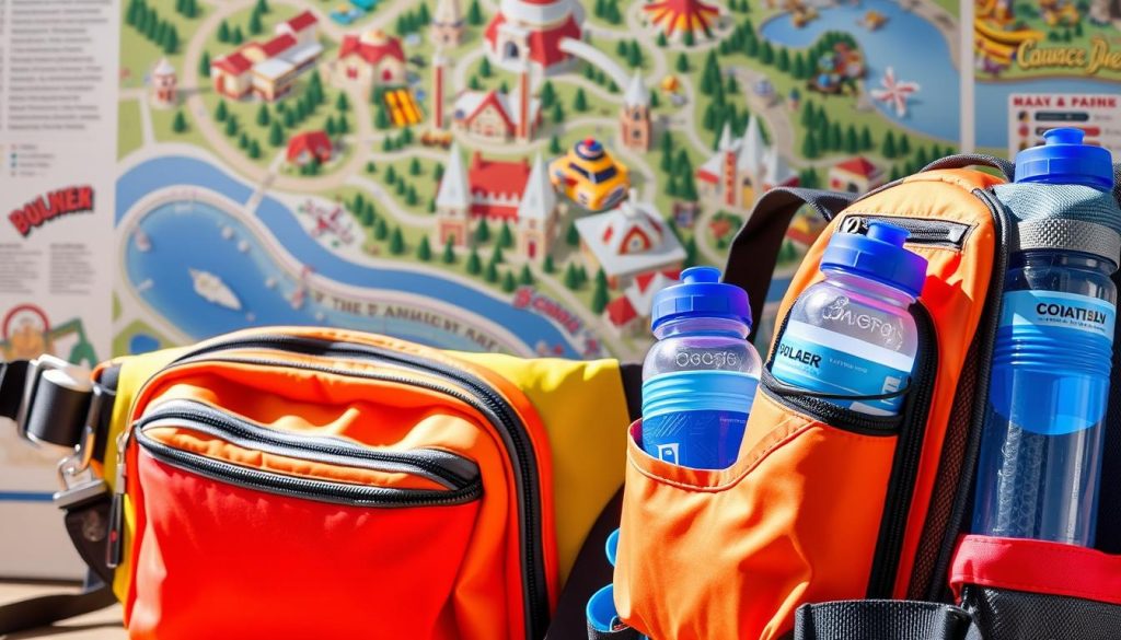 Specialized amusement park bags including fanny packs and hydration packs