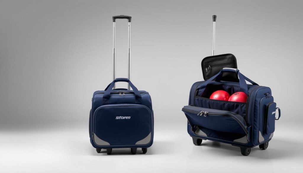 Storm Streamline 3-Ball Roller bowling bag with detailed view of storage compartments Storm Streamline 3-Ball Roller bowling bag with detailed view of storage compartments