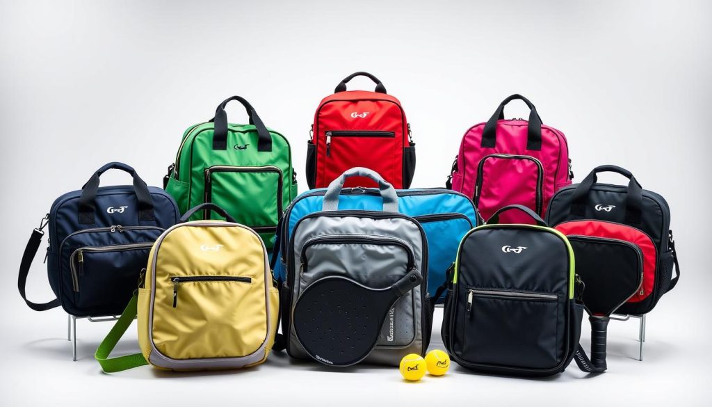 The seven best pickleball bags for women arranged in a display