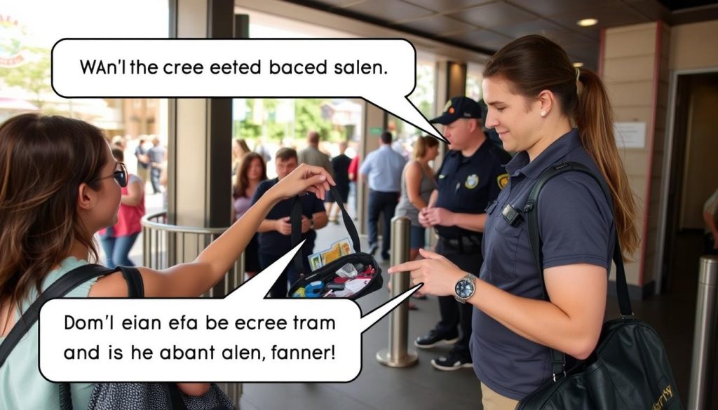 Theme park expert demonstrating how to navigate security checks efficiently with a well-organized bag Theme park expert demonstrating how to navigate security checks efficiently with a well-organized bag