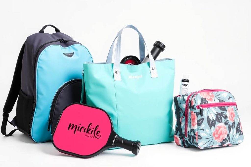 Three different styles of women's pickleball bags: backpack, tote, and sling bag