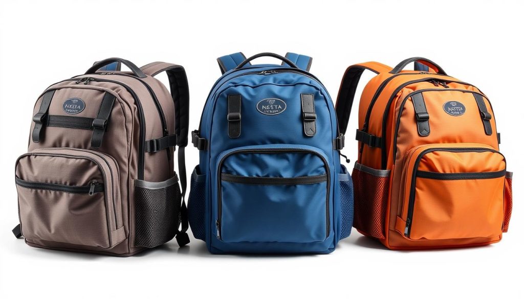 Three different types of bags for amusement parks showing security, comfort, and water resistance features
