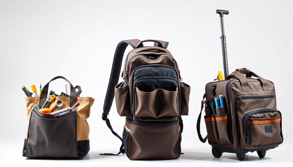 Three different types of carpenter tool bags showing their unique features and organization systems Three different types of carpenter tool bags showing their unique features and organization systems