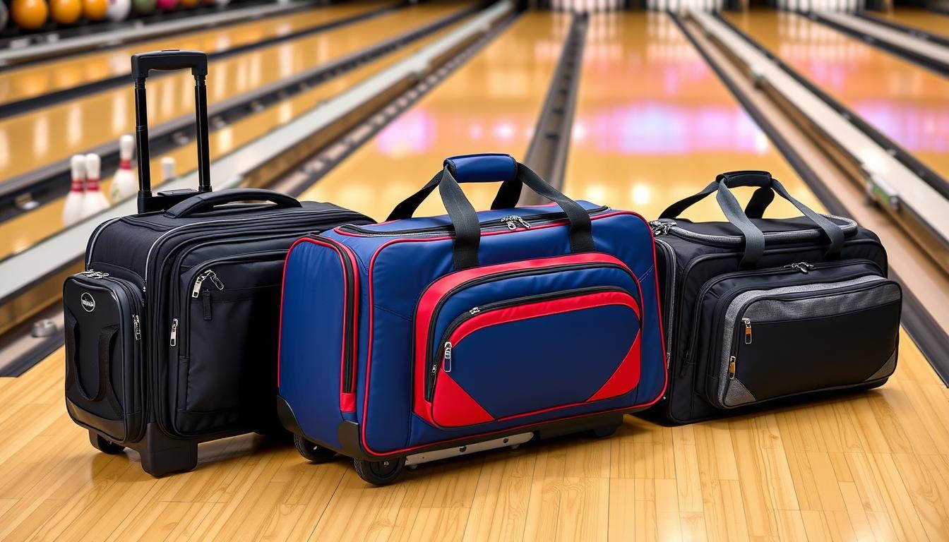 Three premium 3 ball bowling bags arranged side by side showing different designs and features