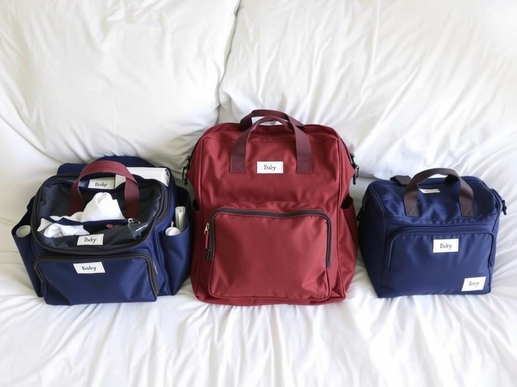 Three separate hospital bags labeled for labor, postpartum recovery, and baby essentials