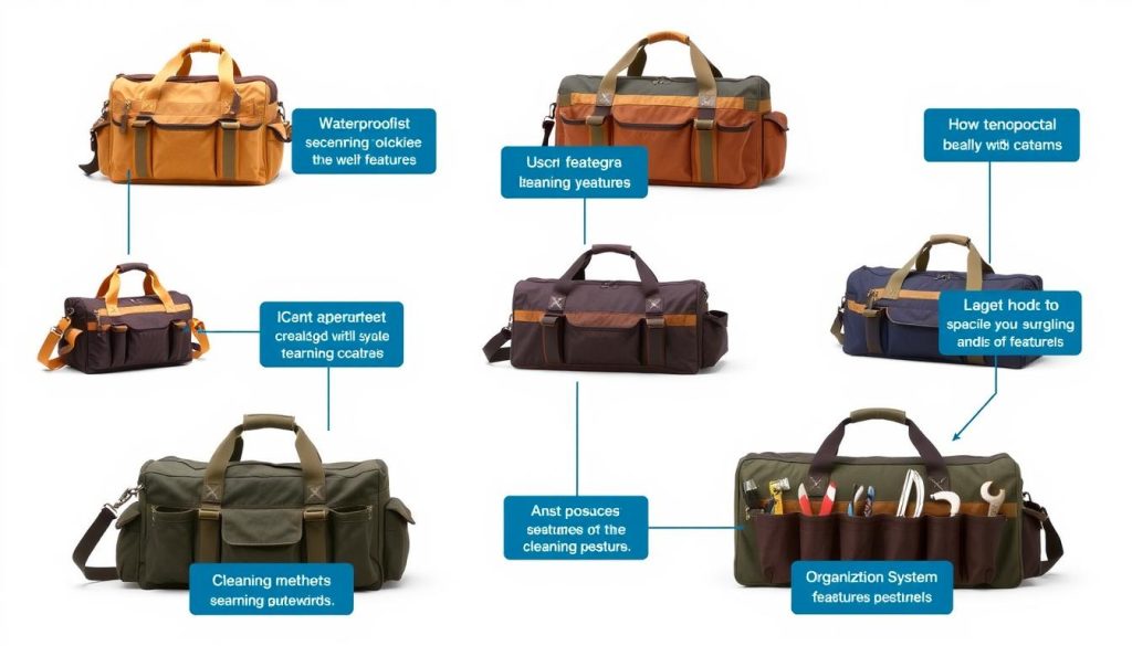 Various carpenter tool bags with labels pointing to features that address common questions Various carpenter tool bags with labels pointing to features that address common questions