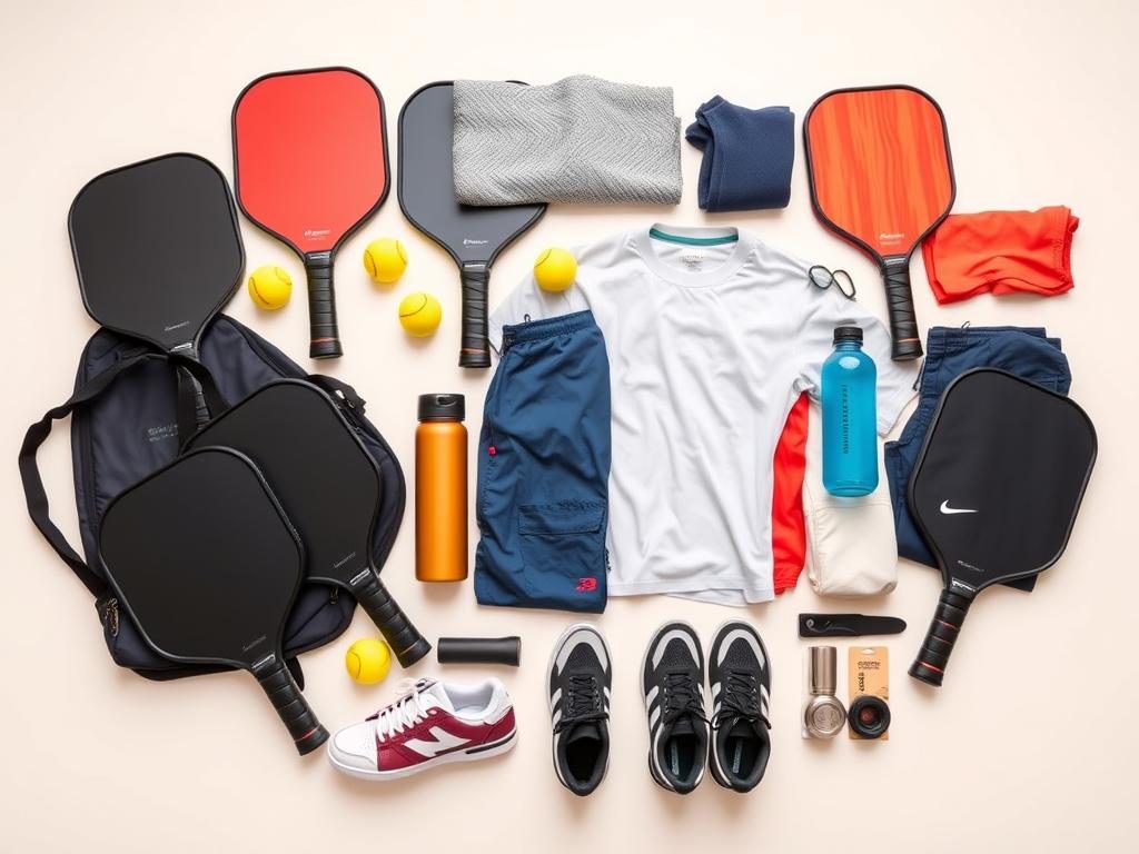 Various pickleball gear laid out that needs to fit in a women's pickleball bag