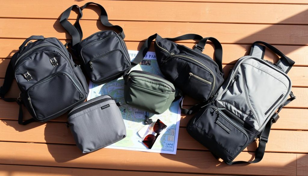Various types of bags suitable for amusement park visits displayed together