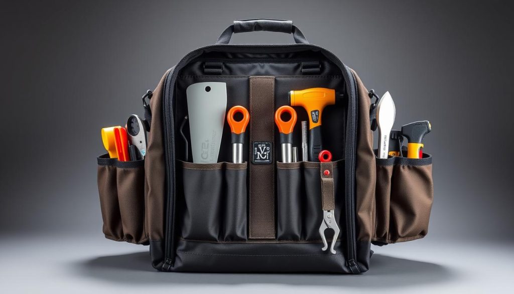 Veto Pro Pac XL tool bag showing its vertical center panel organization system with tools arranged for easy access Veto Pro Pac XL tool bag showing its vertical center panel organization system with tools arranged for easy access