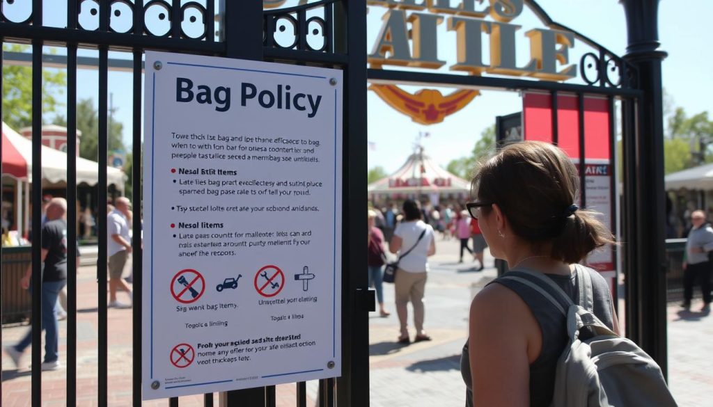 Visitor checking bag policy sign at amusement park entrance