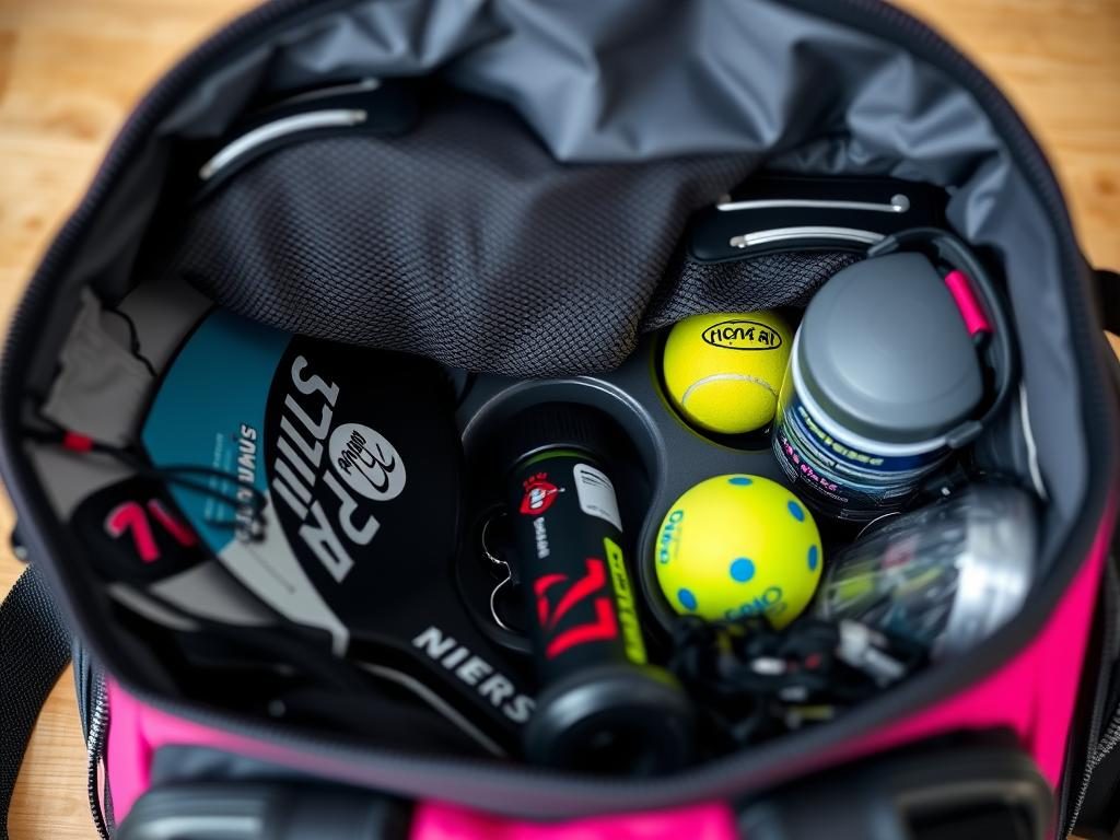 Well-organized interior of a women's pickleball bag showing efficient packing