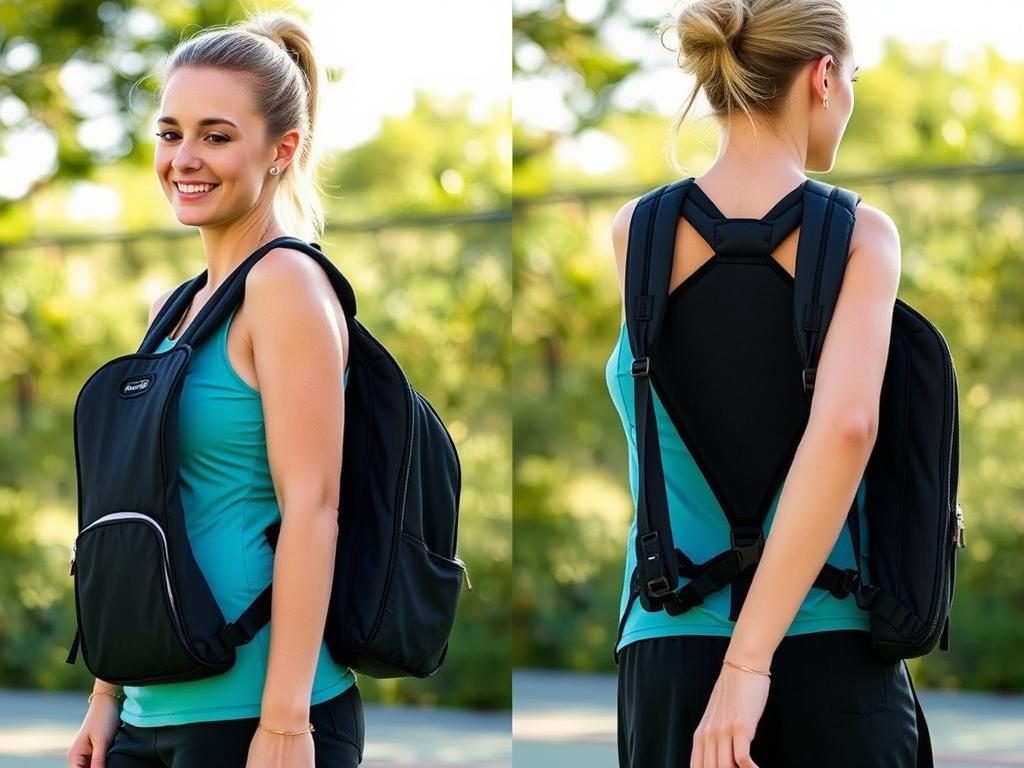 Woman demonstrating proper fit of a pickleball backpack with ergonomic straps