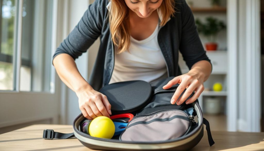 Woman efficiently packing her pickleball bag before heading to the courts