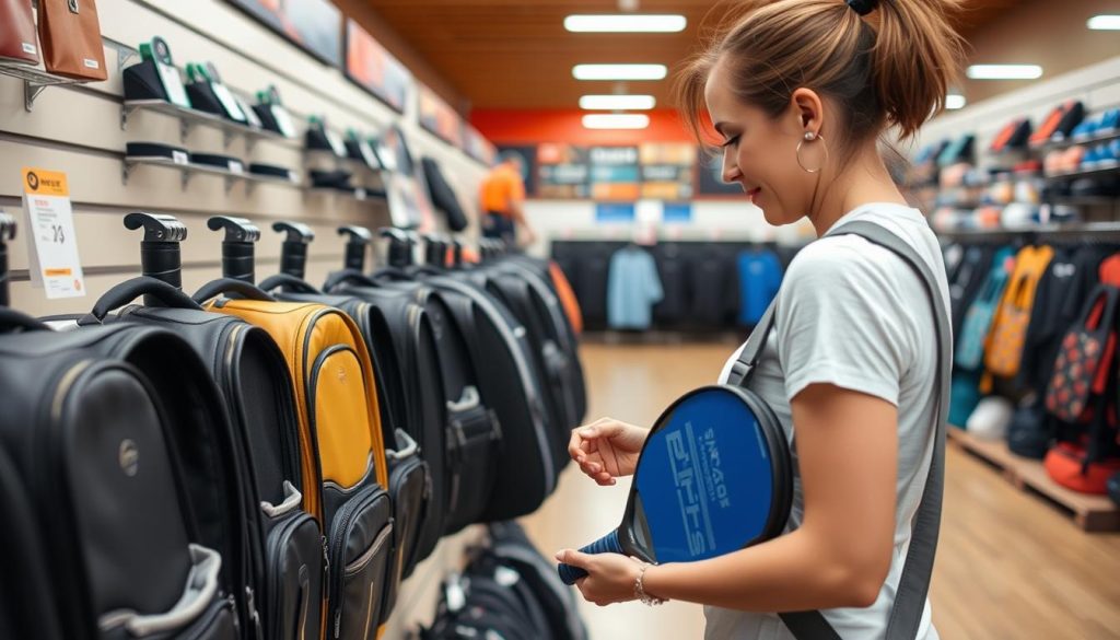 Woman examining different features of pickleball bags before making a purchase decision