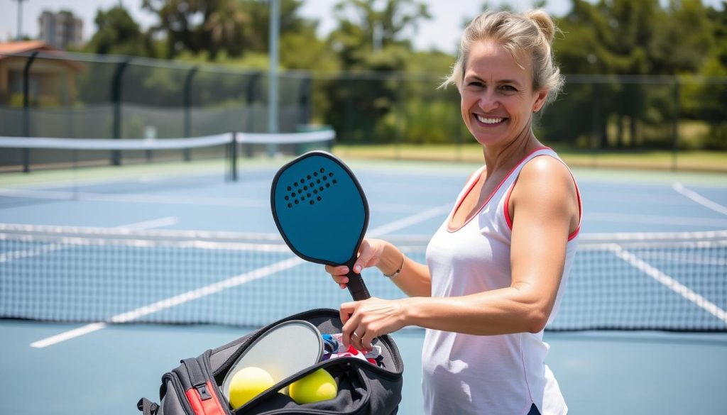 Woman happily using her perfectly organized pickleball bag at the courts